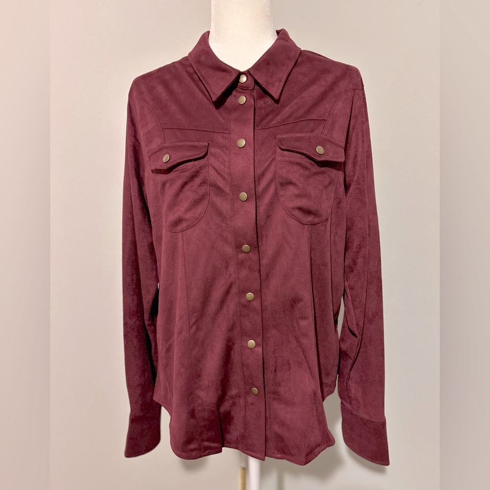 JW Style Woman’s Faux-Suede Button Down Shirt,Lg Sleeve,Burgundy Color,Sz Large